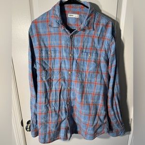 Blue flannel with red/white strips